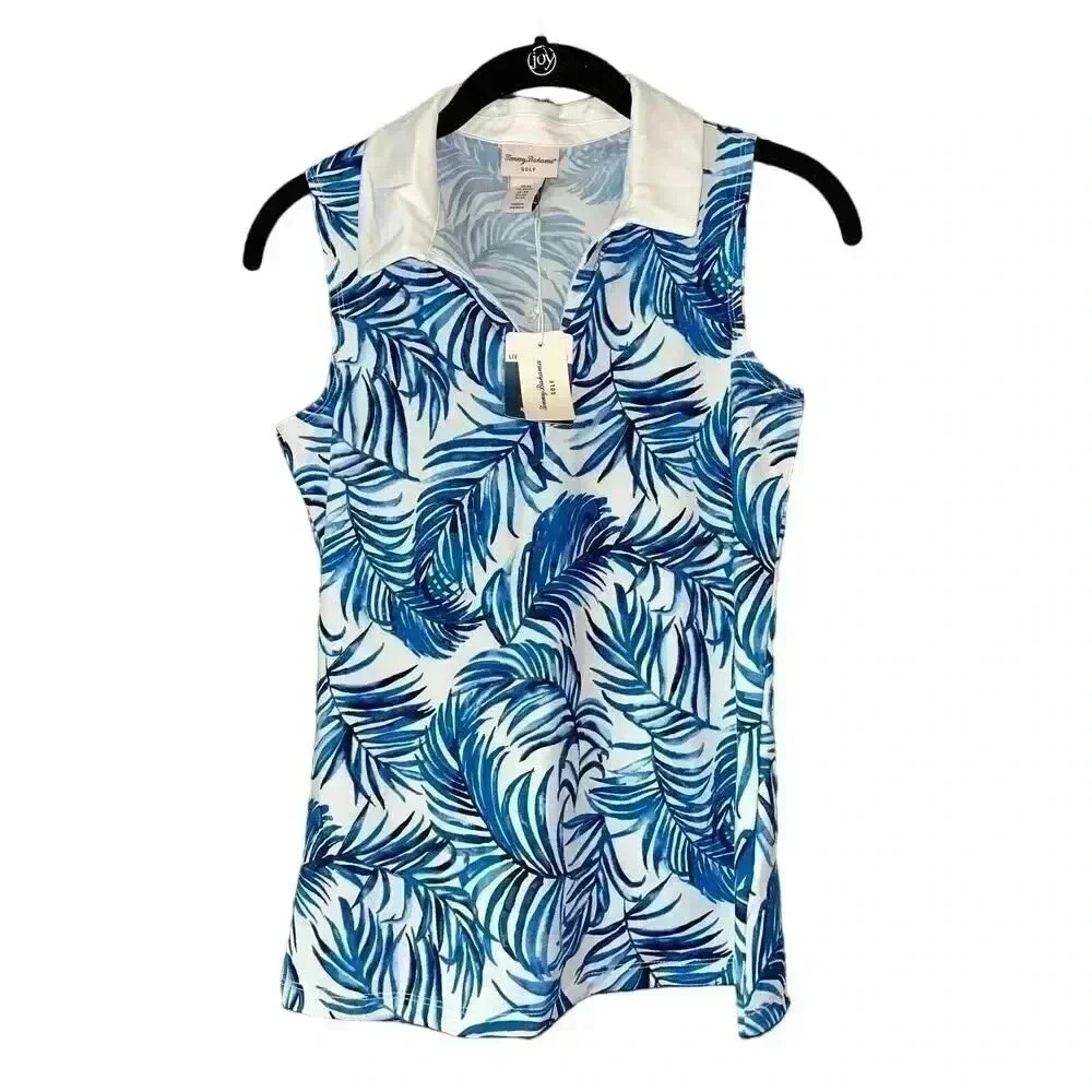 Tommy Bahama Sleeveless Collared Palm-Print Top in White and Blue